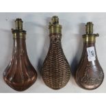 Basket weave pattern Hawksley brass and copper powder flask, another flask with shooting scene,