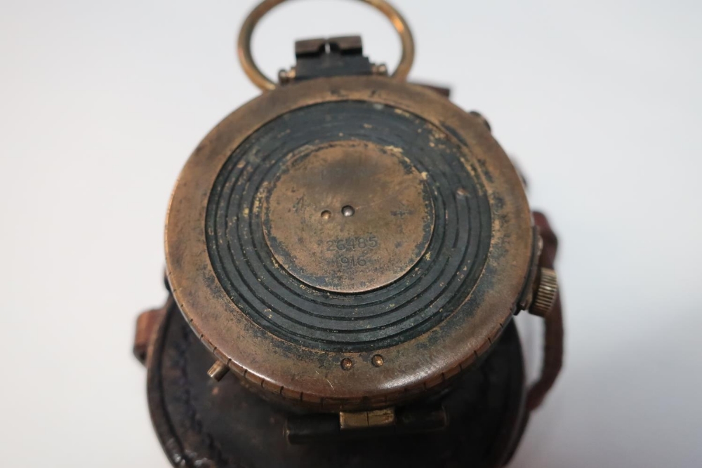 Leather cased British WWI marching compass with traces of blackening, the reverse marked Pitkin with - Image 3 of 3