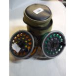 J W Young & Sons Ltd 1540 salmon fishing reel, with two spare spools, in Snowbee zip case