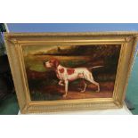 Large gilt framed oilograph on board of an English Pointer in landscape scene (113cm x 82cm)