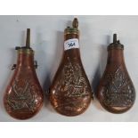 Three American style coat of arms brass and copper powder flasks