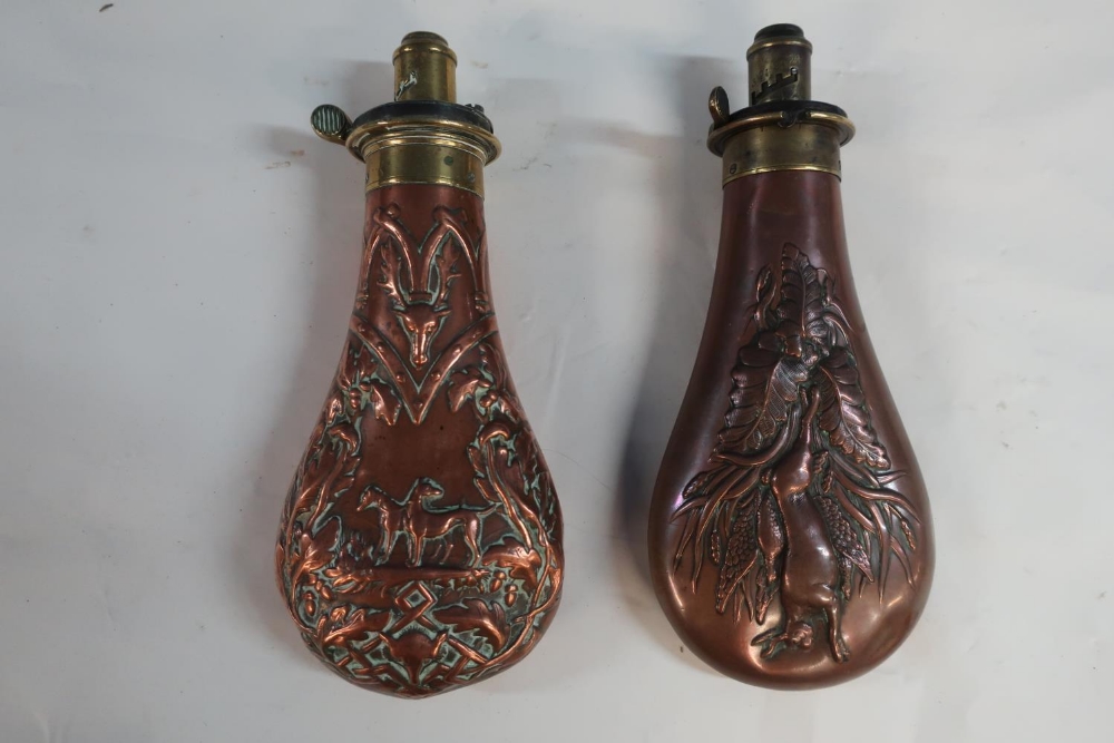 Copper and brass powder flask by James Dixon & Sons, Sheffield (spring A/F) with hanging game and