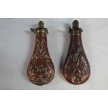 Copper and brass powder flask by James Dixon & Sons, Sheffield (spring A/F) with hanging game and