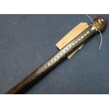 Late 19th C hardwood walking cane with inlaid Mother of Pearl detail (overall length 87cm)