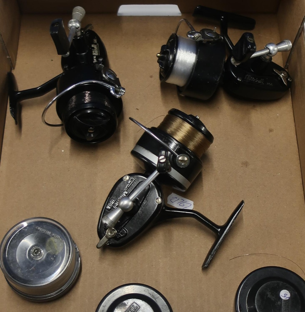 Two Mitchell 300 and a 300A coarse fishing reels, all with spare spools