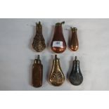 Collection of various assorted copper, brass and other pistol powder flasks of various design (