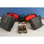 Pair of early 20th C French style binoculars, and a box containing a quantity of various leather and