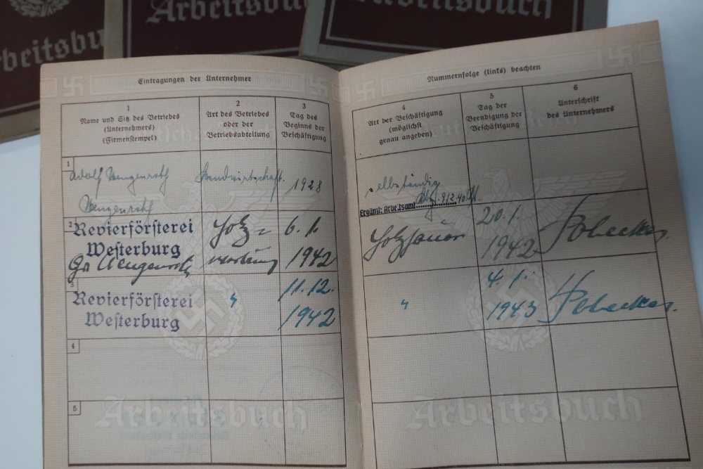 Group of five German Third Reich ID pass books with various info and stamped detail c.1930's - Image 2 of 2