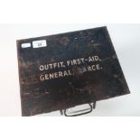 Military issue black japped metal First Aid box from the Army medical store, Form 84, the top marked