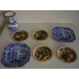 Improved Stoneware blue & white Willow pattern oval meat dish, three other similar dishes, two