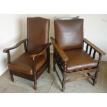 1940s armchair with adjustable back on turned supports, and a similar reclining armchair, both