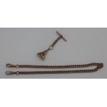 9ct curb link watch chain with unmarked T-bar and fob. Each link stamped 9, 42cm long, 18.1g