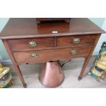 Edwardian mahogany lowboy with two short and one long drawers, brass handles on square tapered