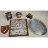 Early 20th C oak stained perpetual desk calendar, selection of decorative wooden items, plated ware,
