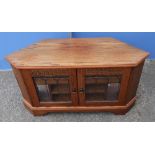 Reproduction oak corner entertainment stand, with two glazed doors and a 1950's two tier oak tea