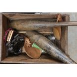 Wooden packing crate with two Indian style exercise clubs, various carved wood bowls, pair of