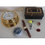 Small metal cash box, a modern brass case bulkhead style Barigo barometer, small collection of