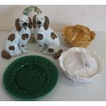 Selection of various cabbage leaf tureens and plates, a pair of Staffordshire style dogs, and a