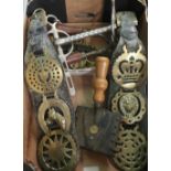 Quantity of equestrian related items including two leather straps of horse brass, Clarke's Patent