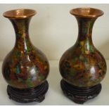 Pair of c.1950s Chinese Cloisonne enamel mallet shaped vases, decorated with coloured foliage, on