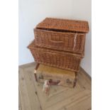 Leather trimmed vintage suitcase with Cunard line luggage label dated 1962 and two wicker picnic