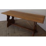 20th C craftsman made oak bench , pierced ends with cross stretcher (40cm x 108cm x 43cm)