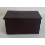 19th/20th C mahogany ballot box with lockable hinged top revealing partition interior with two slots