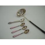 Victorian toddy ladle shaped bowl inset with a George lll silver shilling on twisted baleen