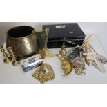 Eastern brass jardiniere, various brass ware, japed metal box, plated-ware, brass inkwell etc