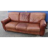 Traditional style brown leather three seat sofa (220cm x 95cm x 85cm)