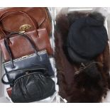 Selection of various vintage ladies leather handbags, purses, sailors type cap, various fur stoles
