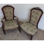 Victorian walnut framed open armchair with pierced and scroll cresting, and a matching nursing