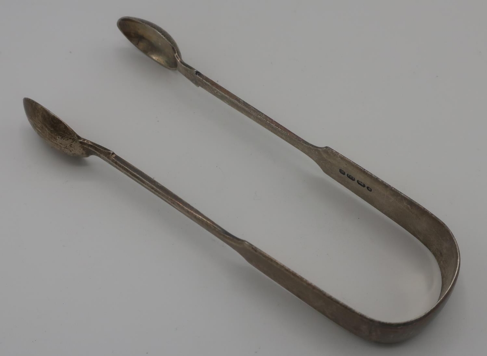 Pair of Victorian Exeter hallmarked silver Fiddle pattern sugar tongs, Exeter 1838 by Josiah & James