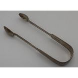 Pair of Victorian Exeter hallmarked silver Fiddle pattern sugar tongs, Exeter 1838 by Josiah & James