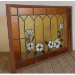 20th C rectangular stained and leaded glass window panel with floral detail (63.5cm x 88.5cm)
