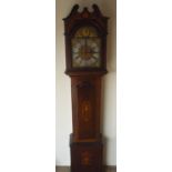 Edwardian mahogany inlaid cased long case clock, arched brass and steel Roman dial signed Curtis &