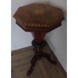 Victorian inlaid walnut tripod sewing table, hinged octagonal top revealing fitted interior with
