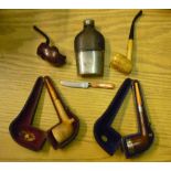 Silver mounted walnut pipe by WHC in fitted case, Meerchaum plain pipe in case, novelty pipe in