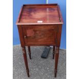 19th C mahogany bedside cupboard, with gallery top and single door on turned tapering supports, (