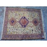 Small Turkish prayer mat, field with three hooked medallions and stylised animals (100cm X 36cm)