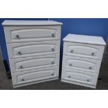 White finish chest of three drawers with blue crackle handles, and a similar smaller chest (2) (82cm