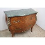 French inlaid Bombe commode, with green marble top and gilt metal mounts (100cm x 50cm x 89cm)