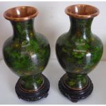 Pair of c.1950s Chinese Cloisonne enamel baluster shaped vases decorated, with green foliage, on