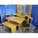 Contemporary light wood dining room suite, comprising: extending dining table, four chairs, mirror