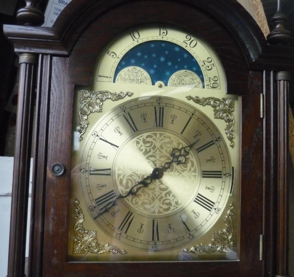 Modern oak cased 8 day chiming long cased clock, with brass moon dial, made in West Germany (Appox - Image 2 of 3