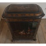 19th C Tole ware twin handle fuel bin, lift up top with painted scene of chickens in coop, similarly