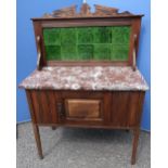 Edwardian washstand with grey marble top and Art Nouveau green tiled splash back (92cm x 128cm x