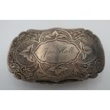 Victorian hallmarked silver shaped rectangular vinaigrette with floral engraved detail and name '