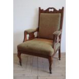 Late Victorian walnut framed parlour chair with carved and pierced top rail and French cabriole legs