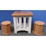 Oak and cream finish open work side table, and a pair of oak octagonal stands (3) (50cm x 50cm x